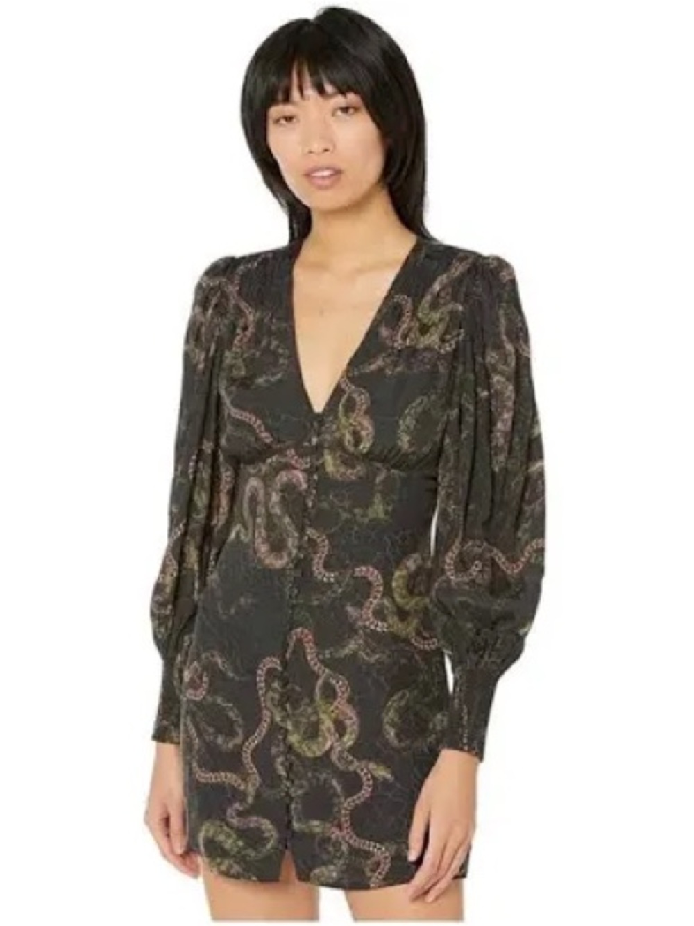 All Saints Black Snake-Print V-Neck Long Sleeve Mini Dress with size 8